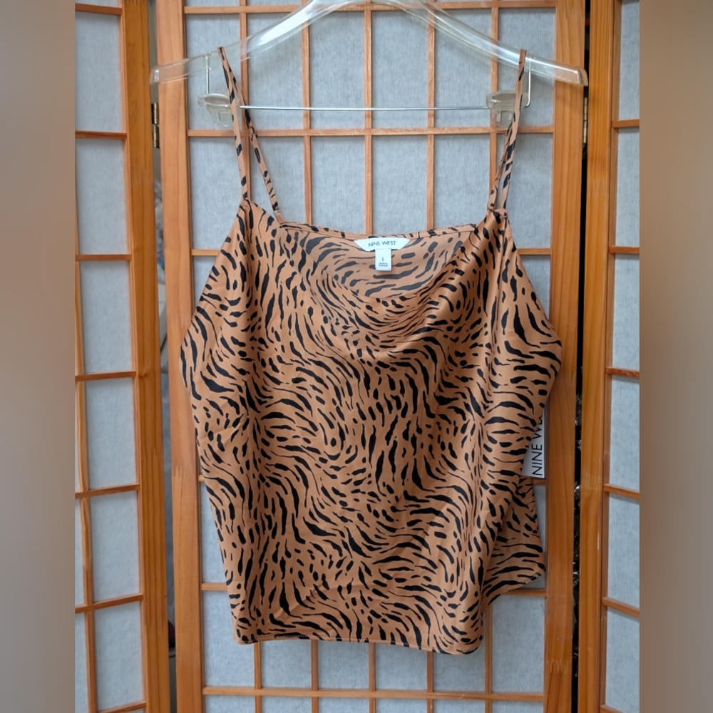 NWT Nine West Satin Drape Cami Tank Top Animal Print Bronze/Black Sz Large